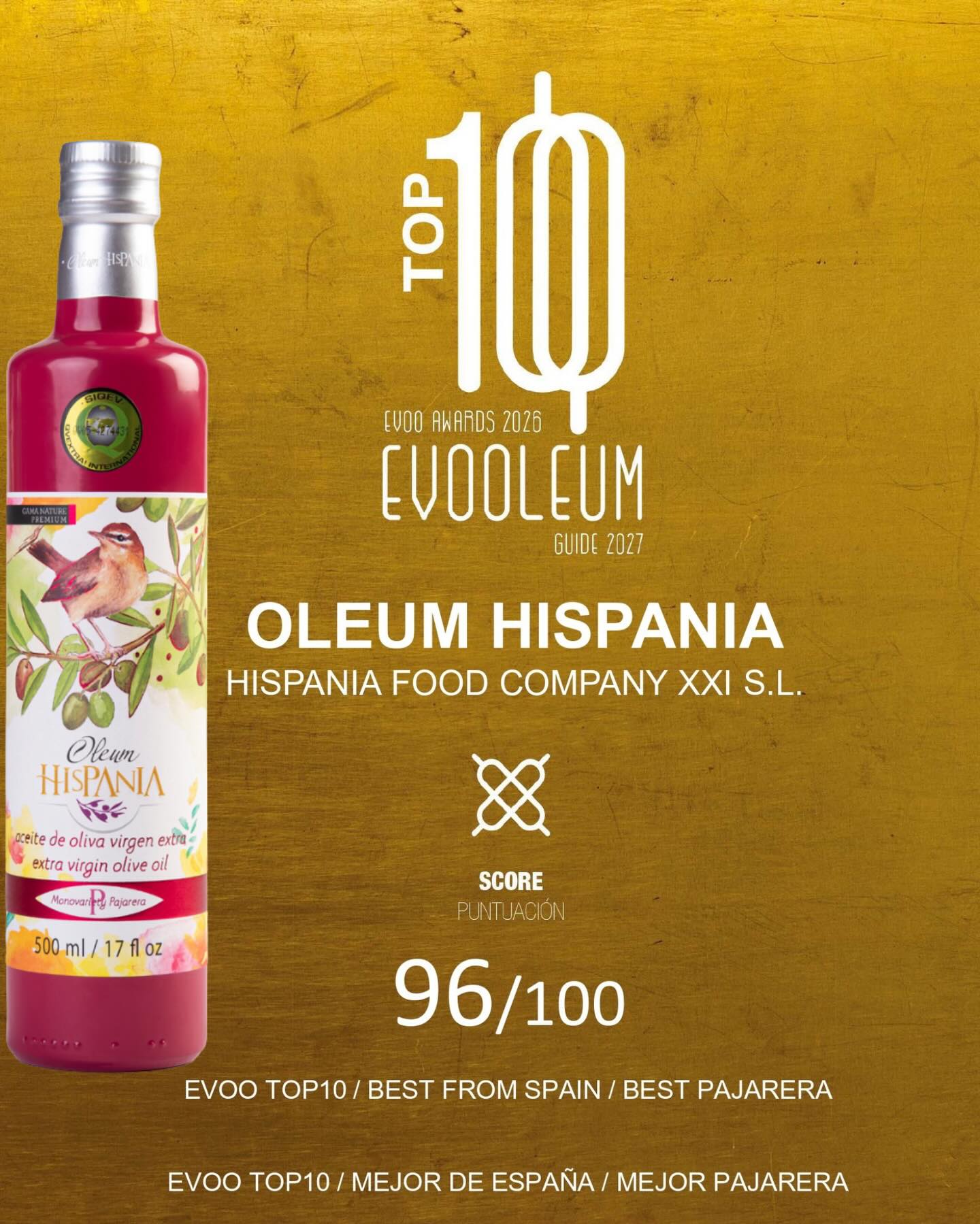 España tiene un nuevo campeón y es cordobés! 🇪🇸
La excelencia tiene nombre: Oleum Hispania Pajarero.
La prestigiosa guía EVOOLEUM ha reconocido a nuestro Oleum Hispania Pajarero  como el Mejor Aceite de España. 🏆
Pero la alegría no acaba ahí: nos situamos como el 3º mejor aceite del mundo, empatados con la segunda posición.
Ganar en EVOOLEUM es básicamente como ganar un Oscar en el mundo del cine. Es un reconocimiento enorme a la calidad y al esfuerzo. Un reconocimiento que sitúa a nuestra variedad Pajarero en la cima del prestigio  internacional.
Este hito no es solo nuestro; es el resultado de la pasión por nuestra tierra y del mimo que ponemos en cada gota de esta variedad tan nuestra.
Gracias a todo el equipo y, sobre todo, a vosotros por acompañarnos en este viaje.
Si aún no has probado el mejor aceite del país... ¿A qué esperas?
#oleumhispania #evooleum #aovepremium #aceitedecordoba